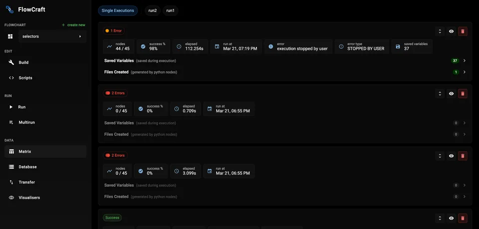 FlowCraft execution history showing run status, timings, and errors
