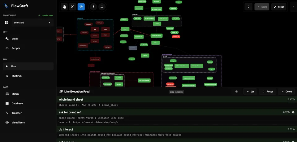 FlowCraft live run view with execution controls and progress feed