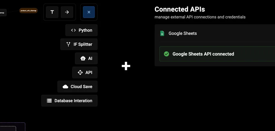 FlowCraft node type picker showing Python, API, AI, and database nodes