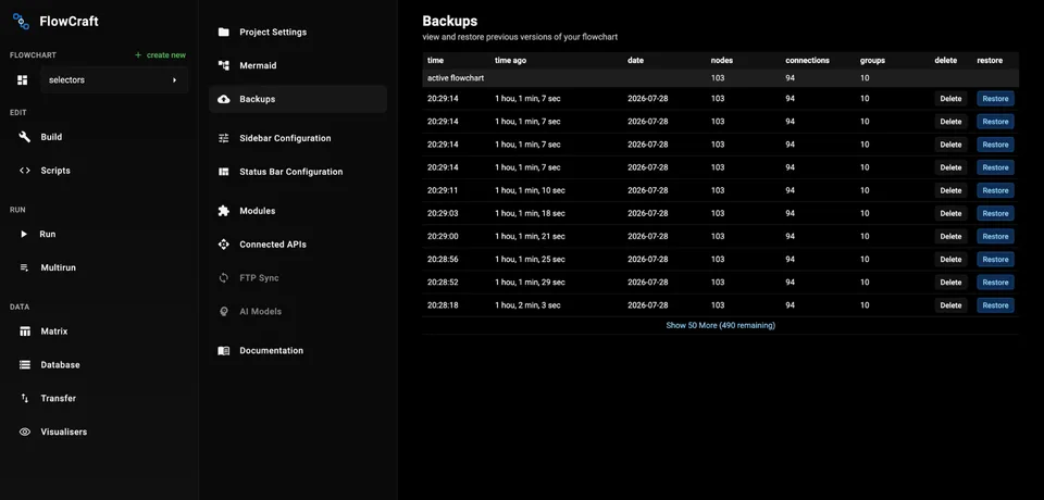 FlowCraft backup manager showing saved versions and restore options